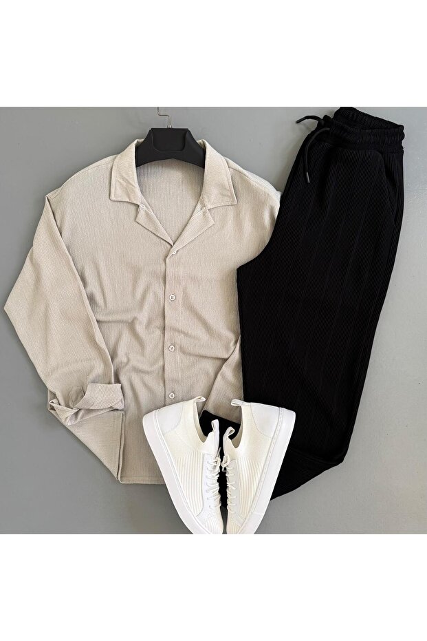 Men's Wrinkled Fabric Summer Shirt Ottoman Trousers Bottom-Top Combination
