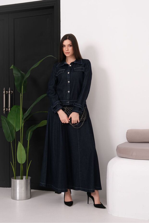 Dark Denim Two-Piece Set with Skirt – Oversized Jacket Casual Skirt