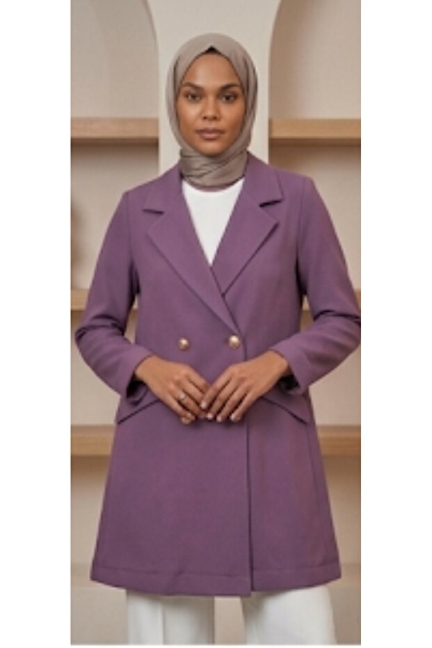 Women's Decorative Pocket Detail Gold Buttoned Li̇nda Fabric Top Quality Unlined Summer Thin Jacket Without Closure