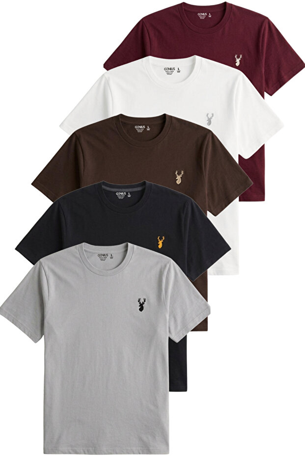 Men's 5-Pack T-Shirt 100% Cotton Single Jersey Comfortable Fit Basic T-Shirt Crew Neck Embroidered T-Shirt