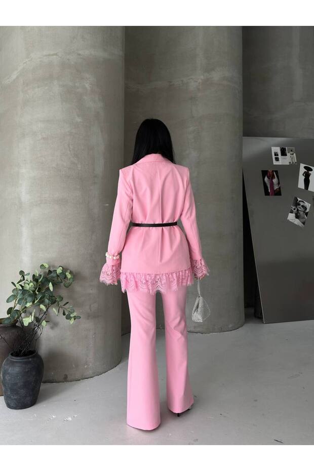 Kadın Dantel Detaylı Blazer Ceket İspanyol Paça Takım Pembe - 7