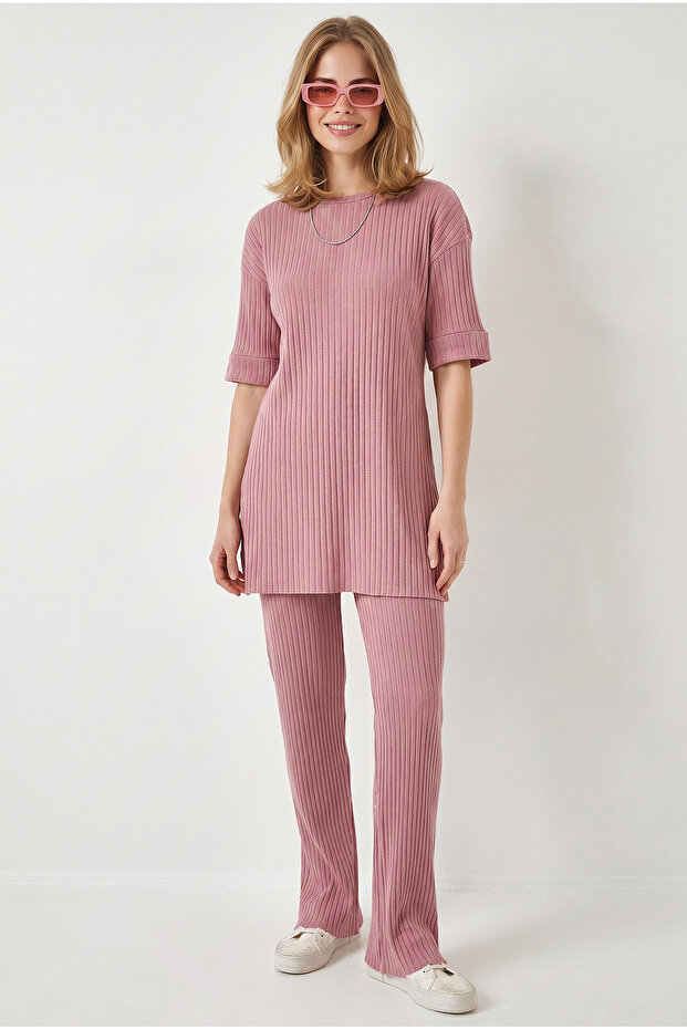 Women's Dusty Rose Ribbed Short Sleeve Top and Bottom Set Tkm-19000498