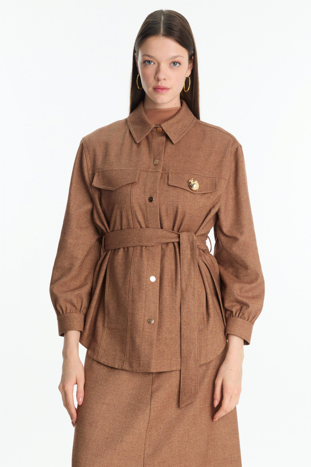 Brooch Detailed Belted Jacket Brown 0158