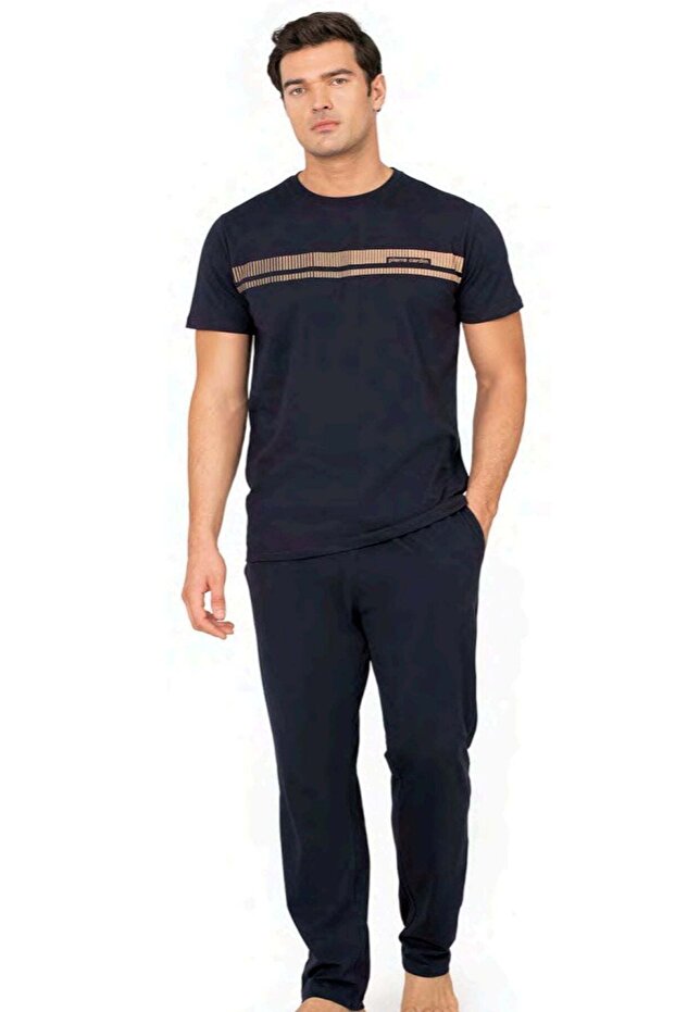 6128 Men's Short Sleeve Crew Neck Pajama Set-Navy Blue