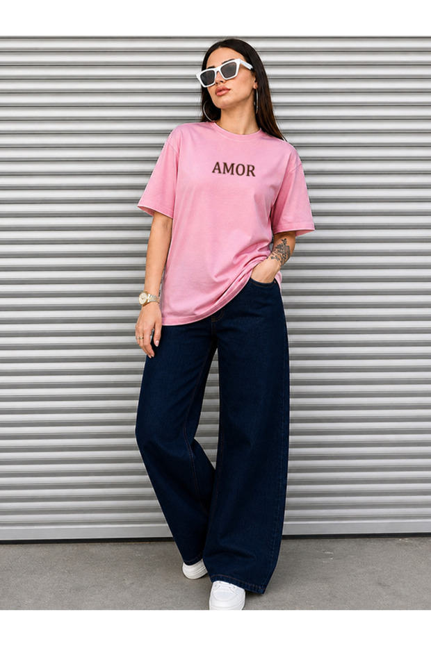 Oversize Women's Amor Printed Summer Basic Fit T-Shirt Black and White T-Shirt