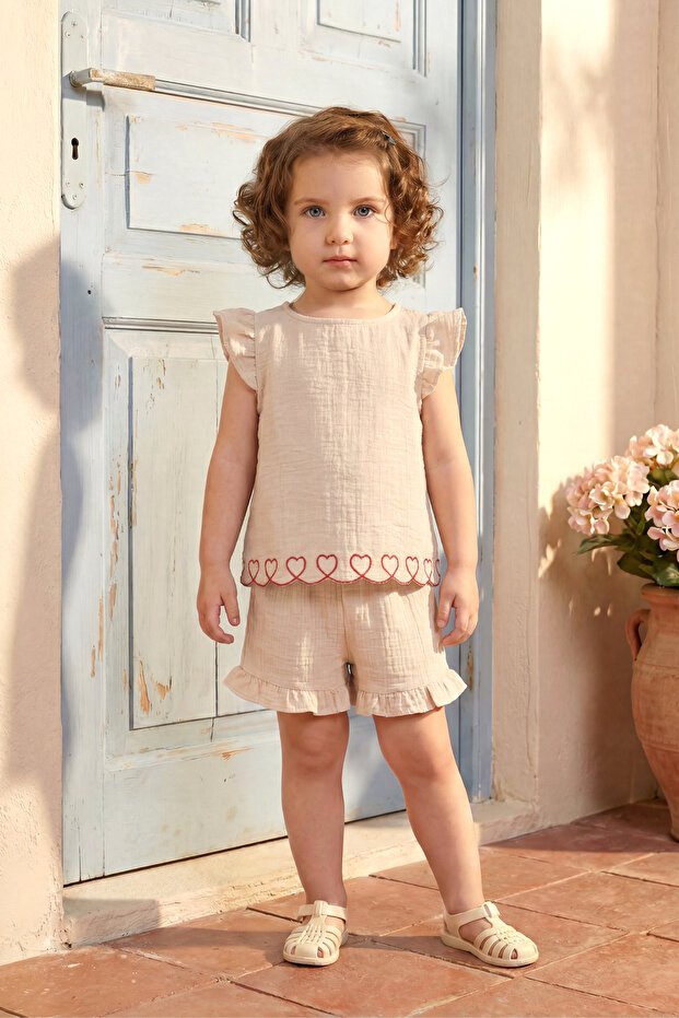 Girl's Top and Bottom Set Summer Ruffle Detailed Heart Embroidered Stone