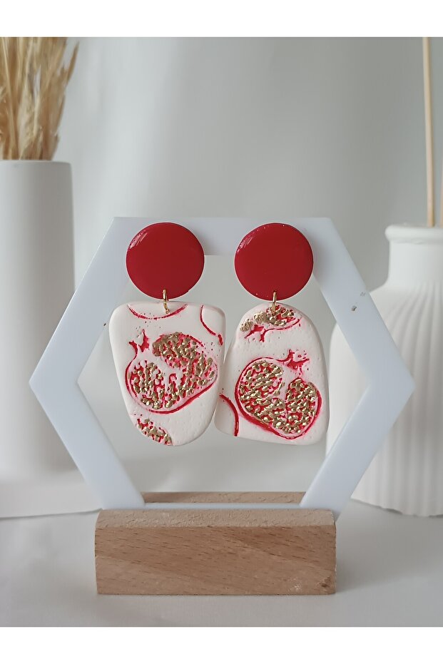 Red Pomegranate Earrings Fruit Flower Ultra Light Handmade Polymer Clay Earrings