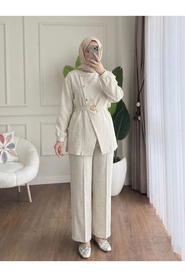 Women's Modern Cut Parachute Fabric Double Hijab Set with Button Detail and Belt