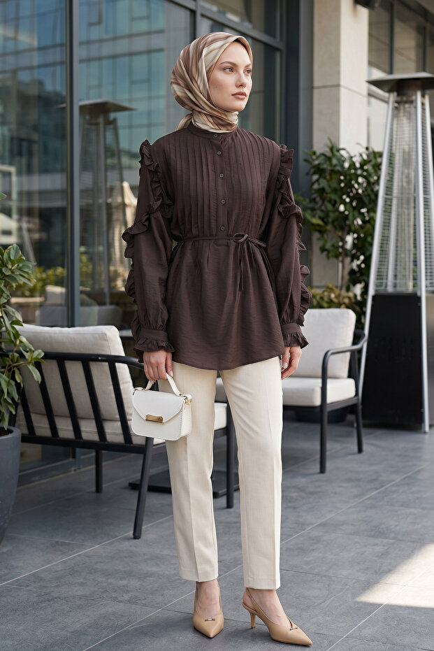 Ribbed Ruffle Sleeve Detailed Tunic Y0116 - Brown