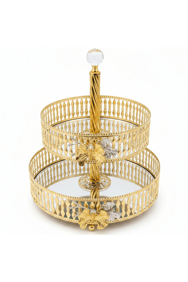Round 2-Tier Glass Fruit Stand with Gold Metal Frame – Stylish Dessert & Fruit Serving Tray for Home Décor – 20 × 25 × 30 cm