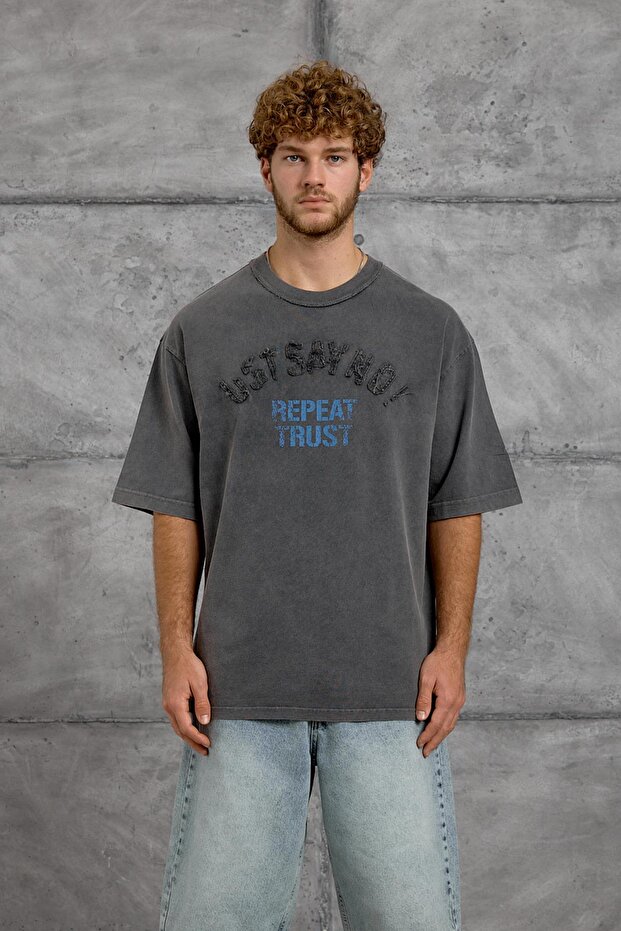 Men's T-Shirt with Letter Stitching, Washable, Smoked, Oversize, Crew Neck, Cotton