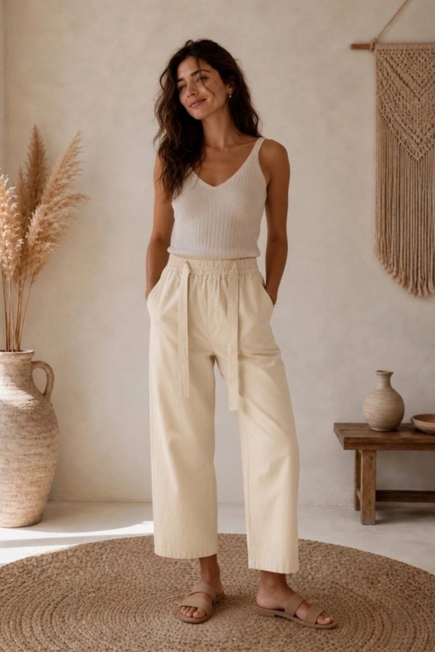 Women's Beige High Waist Elastic Waist Belted Wide Leg Palazzo Trousers