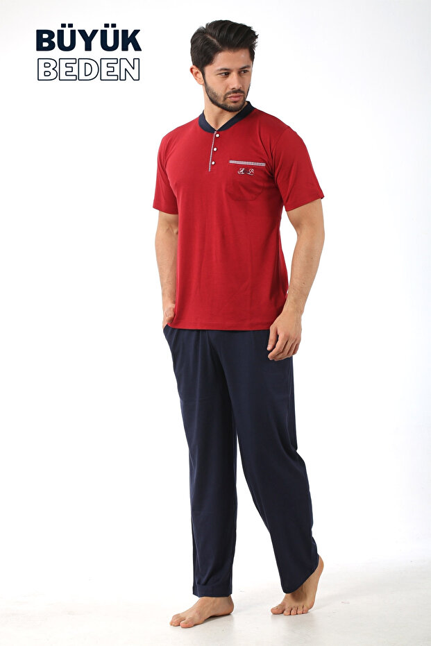 Plus Size Men's Pajama Set - Burgundy Arma Embroidered Lycra Combed Cotton 1194Kyb