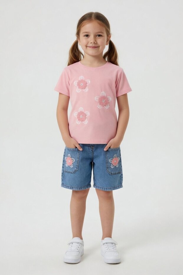 Pink Floral Embroidered T-Shirt and Jean Shorts Girls' 2-Piece Set 24055