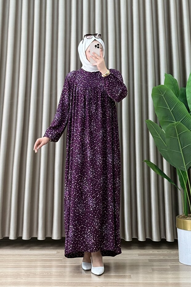 Nuray Dress Viscose Fabric Women's Purple Collar Openable Buttons Elastic Sleeves Comfortable Cut Islamic Dress