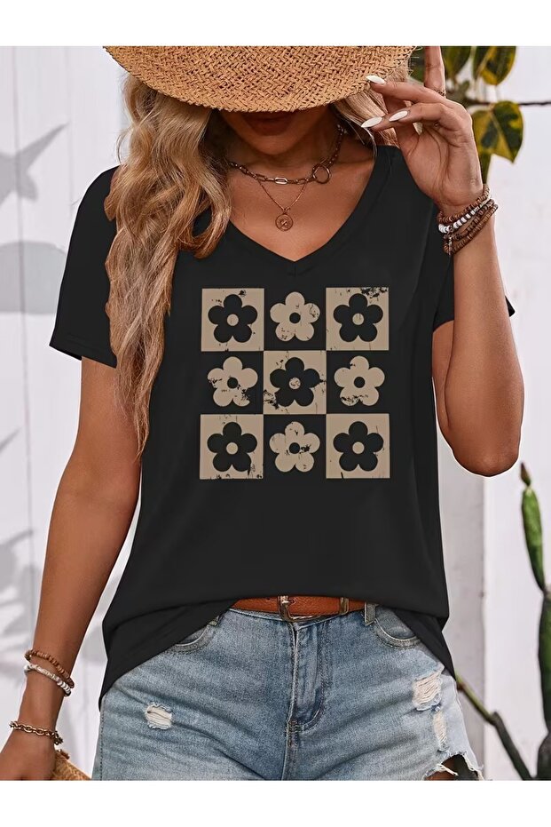 Women's Comfortable Fit V-Neck Tshirt Mixed Printed Tshirt