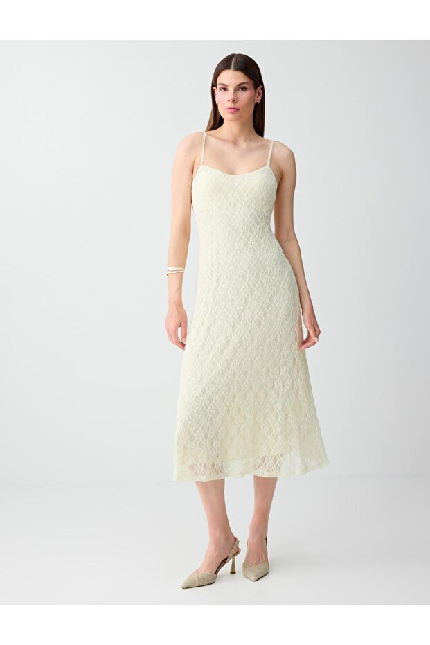 Yellow Straight Cut Strappy Midi Lace Dress