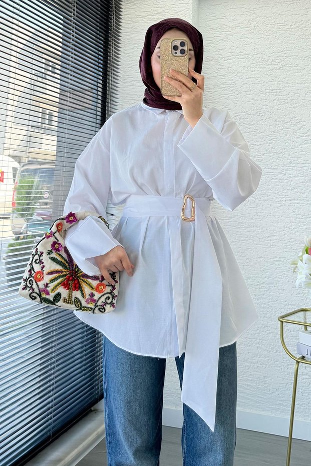 Bronch Detailed Wide Belted Poplin Tunic – White