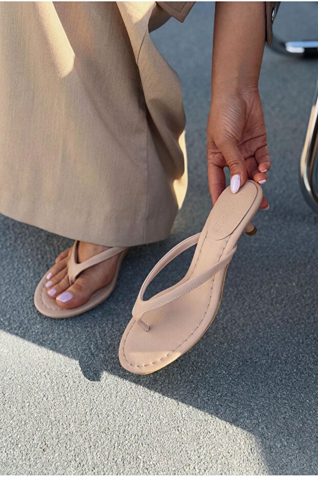 Arlene Nude Matte Leather Women's Flip Flops with Heels