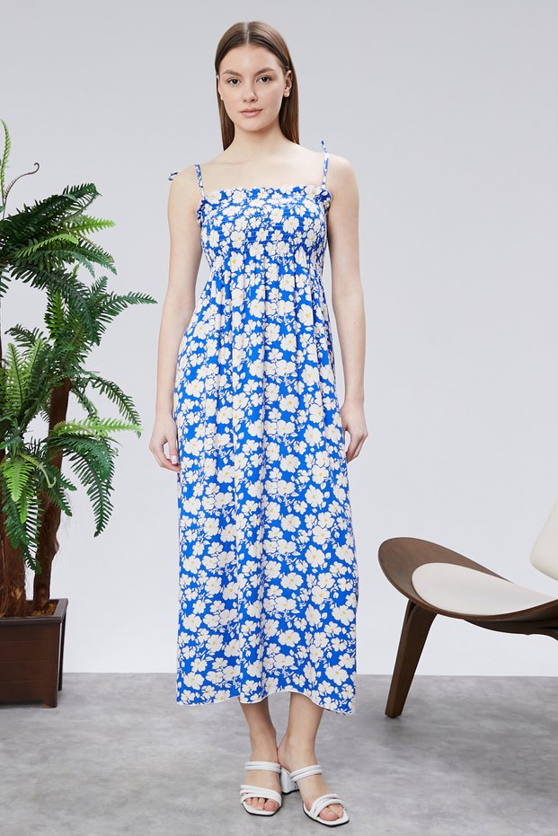 Patterned Cotton Long Summer Women's Dress with Shoulder Straps and Gathered Details
