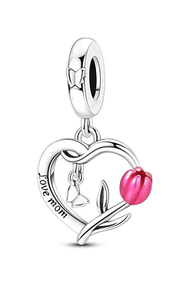 I Love You Mom Tulip Heart Dangle Charm