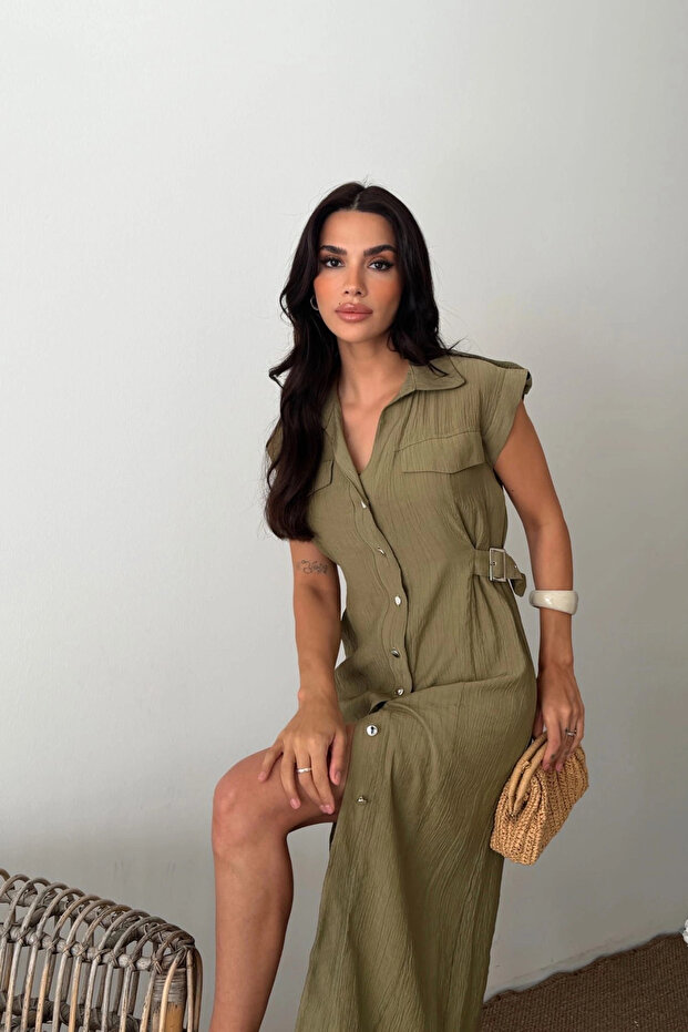 Women's Khaki Side Belted Lined Sleeveless Summer Midi Dress