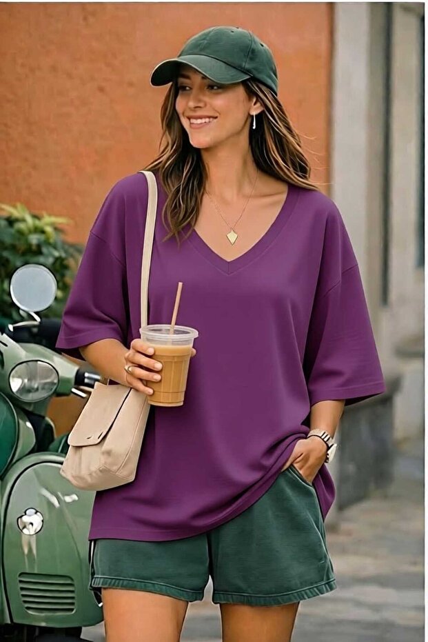 Women's V-Neck Purple Solid Color Cotton T-Shirt