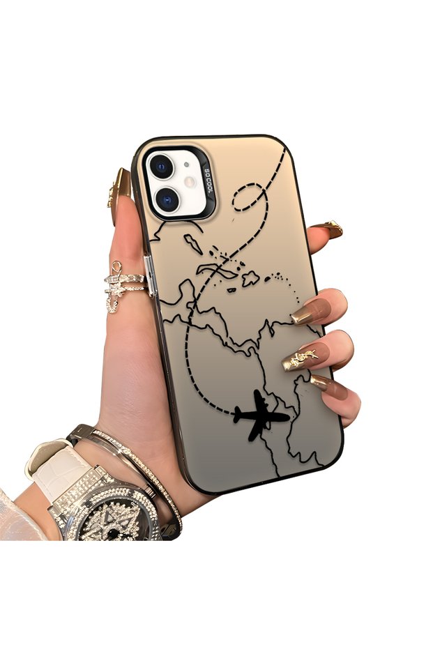iPhone 12/12 Pro Compatible Travel-Themed Map Airplane Printed Impact Protective Hard Case