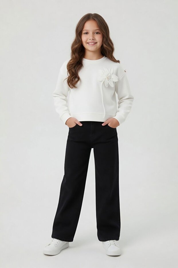 Ecru Floral Embroidered Badi Jean Trousers Girls' 2-Piece Set 24159