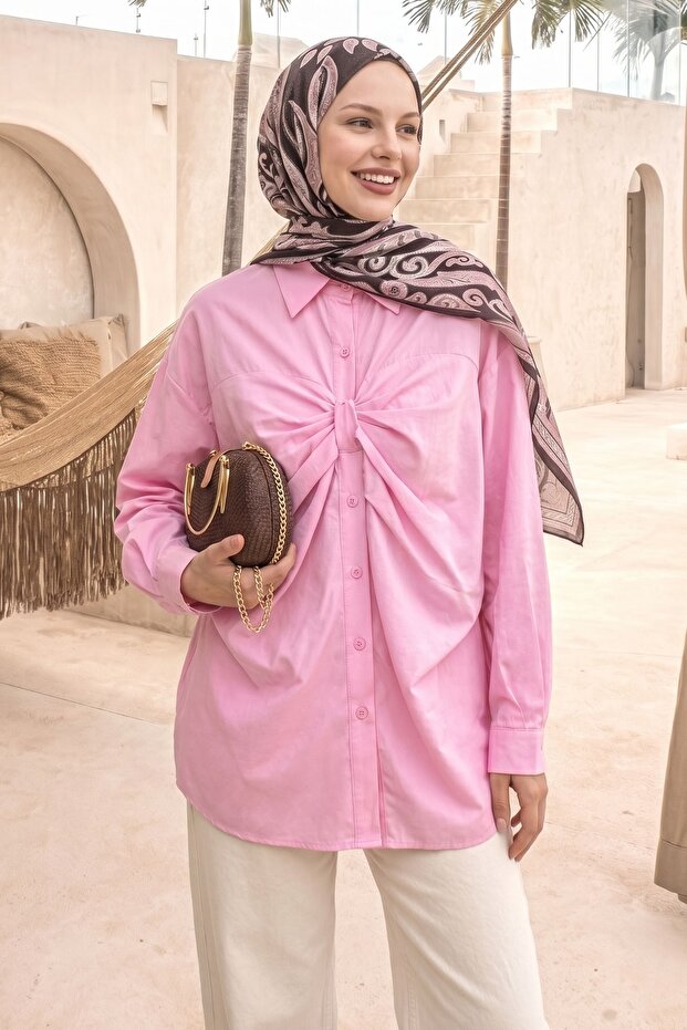 Pink Shirt with Bow and Buttons on the Front