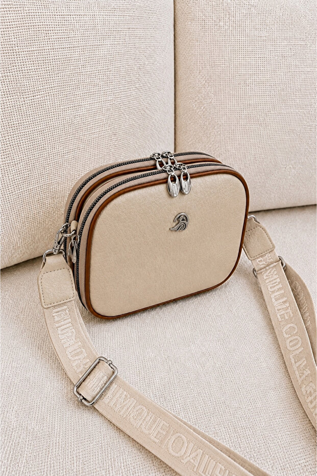 Women's Beige-Tan Multi-Compartment Cross Shoulder Bag with Adjustable Strap Daily Use Zipper Bag