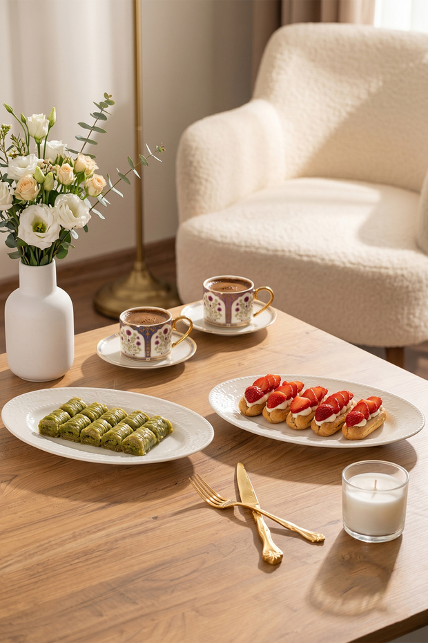 4459 Burçak Set of 2 Porcelain Kayık Plates - Oval Breakfast Serving Set 25cm