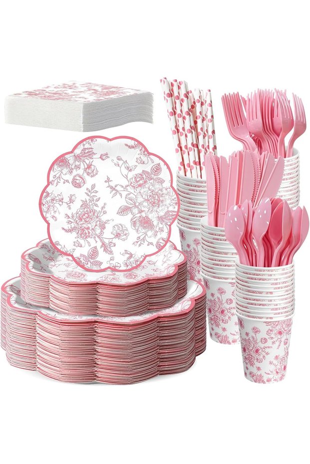 200 Pcs Dinnerware Set,25 Guest Party Supplies Dinner Set Include Paper Plates Napkin Cup Straw Reusable Spoon Fork Knive for Baby Shower,Wedding,Birthday (Flower-B)