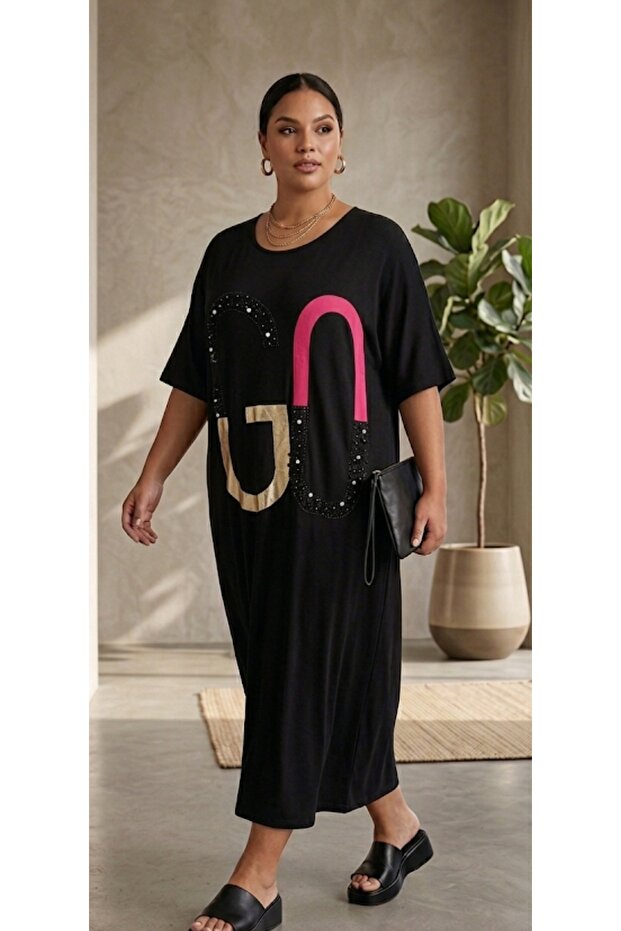 Plus Size Stylish Oversized Dress with Pockets and Stone Accents