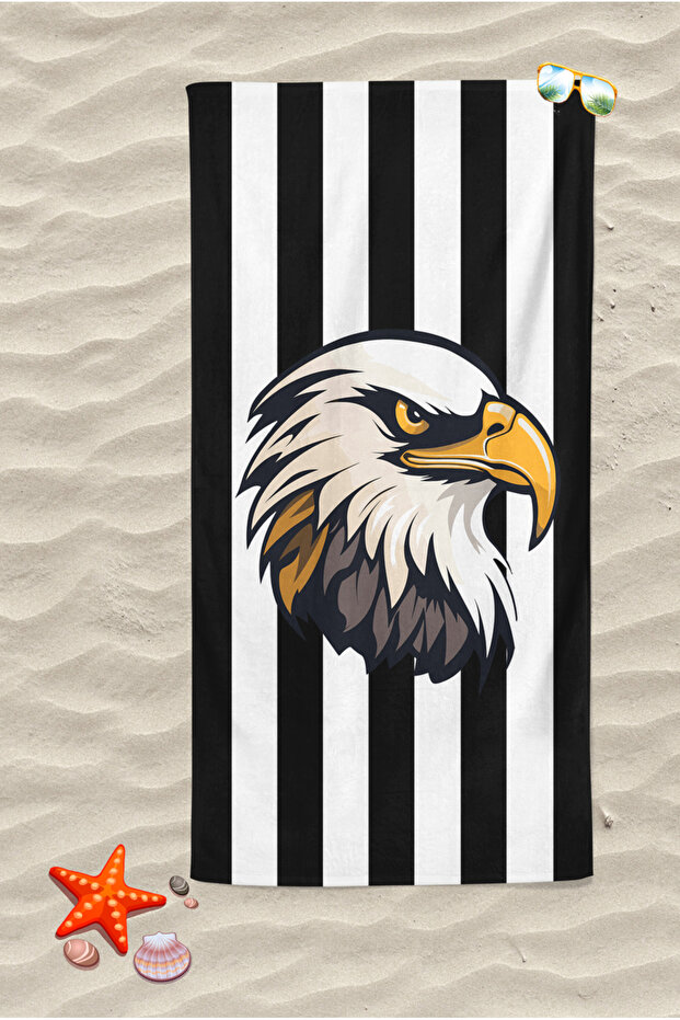 Black Eagle Patterned Black and White Digital Printed Young Boy Beach Towel Cotton Beach Towel Sea Towel