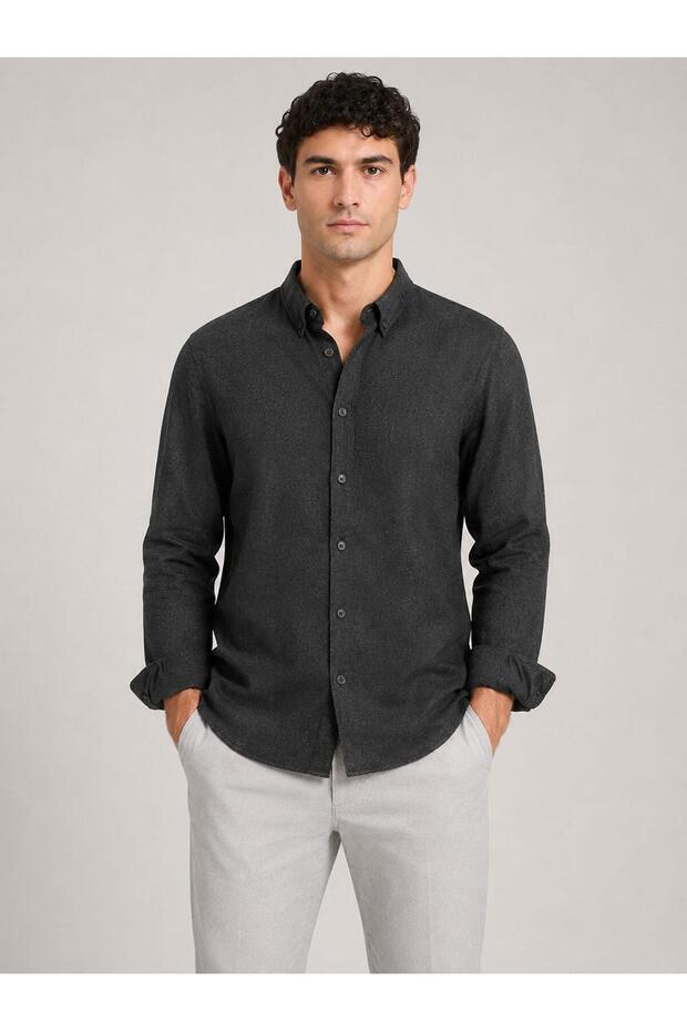 Plus Barcode Long Sleeve Slim Fit Men's Stretchy Shirt - 7681
