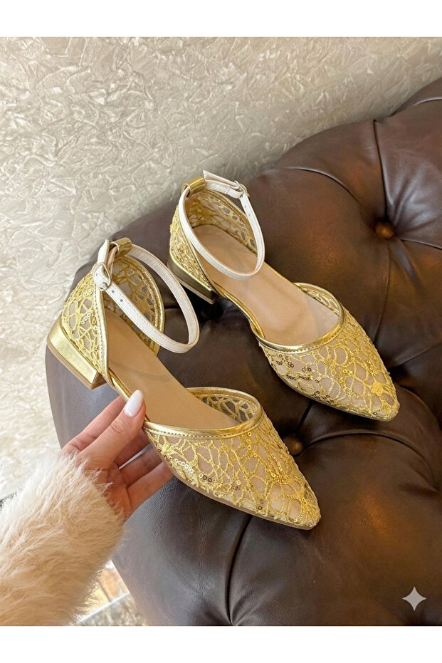 Lema, Closed Toe Mesh Upper Shoes with Lace Embroidery and Small Sequins