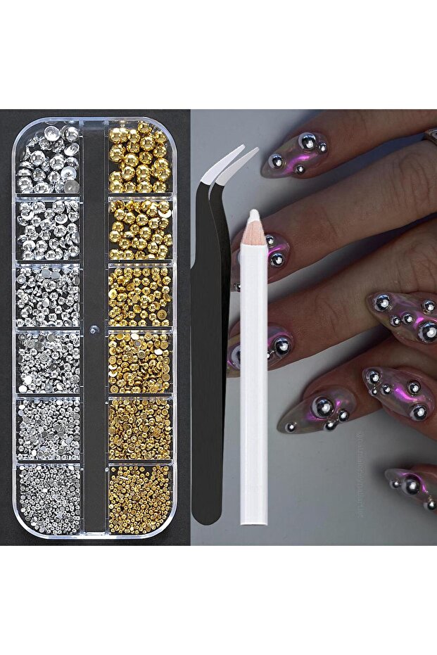 3 12Grids 3D Silver Half Round Pearl Bead Nail Charms Flatback Caviar Beads Nail Art Decorations Mi.