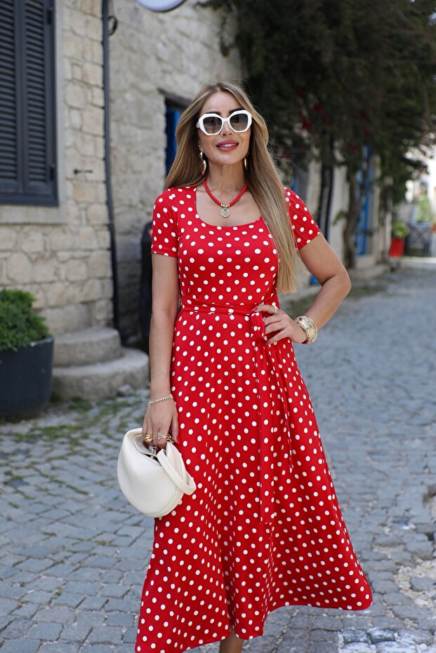 Buketli̇ Women's Square Collar Large Polka Dot Belted Slit Short Sleeve Combed Cotton Long Dress