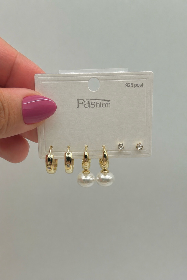 Pearl Detailed Gold Color Women's Set Earrings
