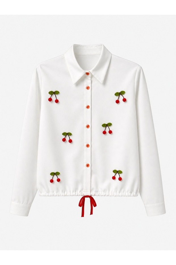 Women's White Embroidered & Gathered Detailed Cherry Appliqué Regular Fit Design Woven Linen Shirt
