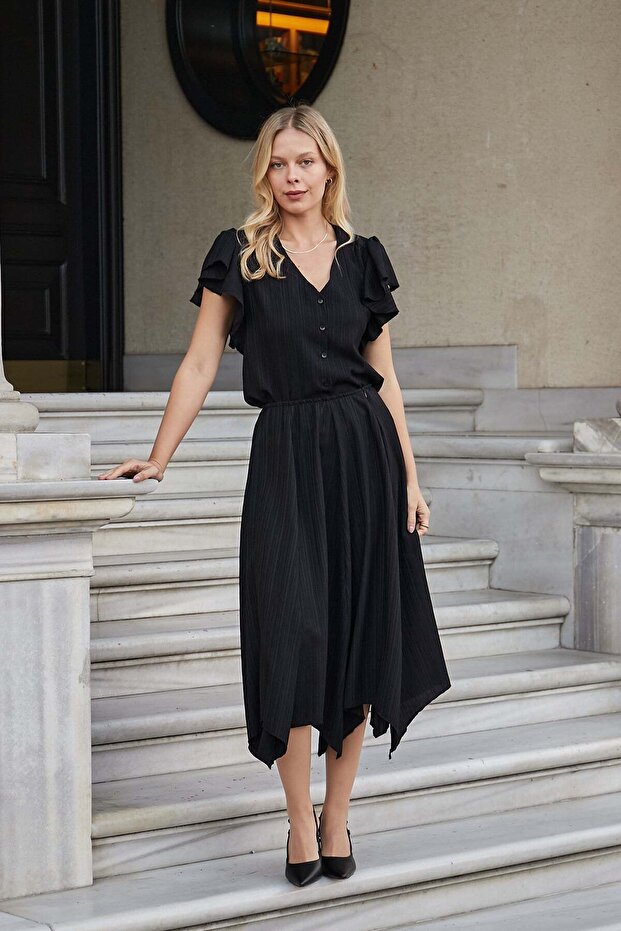 Women's High Waist Eight-Piece Asymmetrical Skirt-Black
