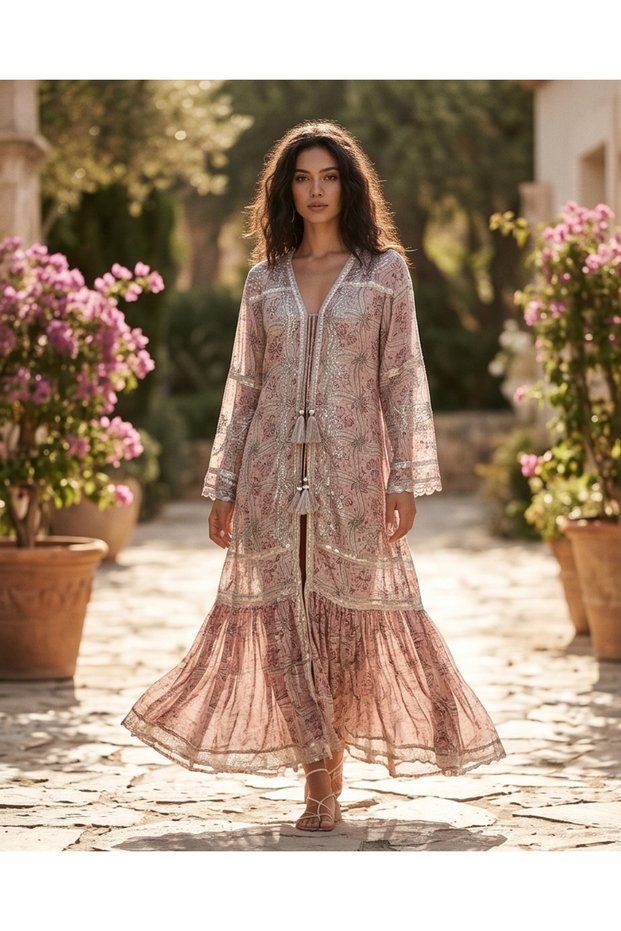 Women's Ethnic Patterned Gold Glitter Bohemian Outerwear - Stylish Kimono with Flared Sleeve Detail