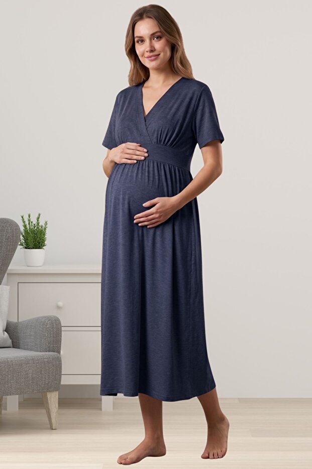 Short Sleeve Cotton Relaxed Fit Maternity Dress Effortt - Navy Blue