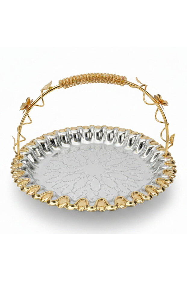 Germax Luxury Silver & Gold Round Serving Tray with Handles – 30 cm