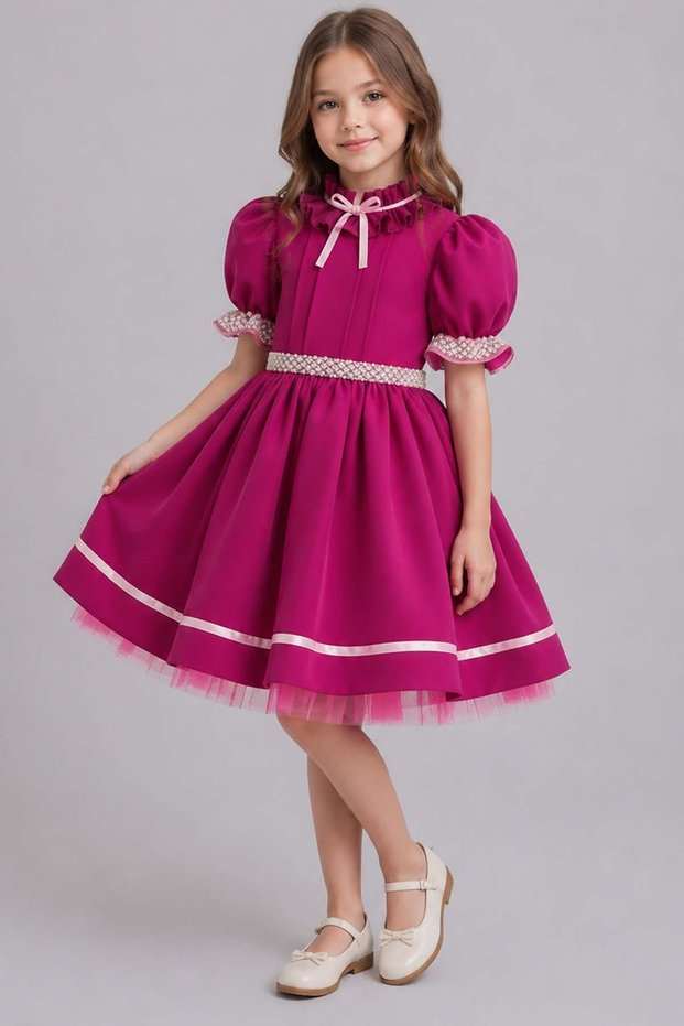 Girl's Waist Ribbon and Pearl Embellished Skirt, Puffy Balloon Sleeves, Ruffled Collar, Purple Evening Dress