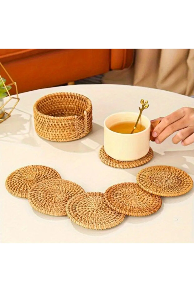 حامل أكواب من الخيزران المنسوج بقطر 8 سم مع سلة تخزين، 6 قطع - واقي، للاستخدام في المنتجعات الصحية