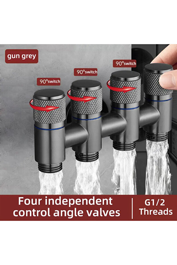 G1/2 Grey 1pc 5-Way Angle Valve, One-Inlet Four-Outlet Faucet with Independent Control Valve, Four-W