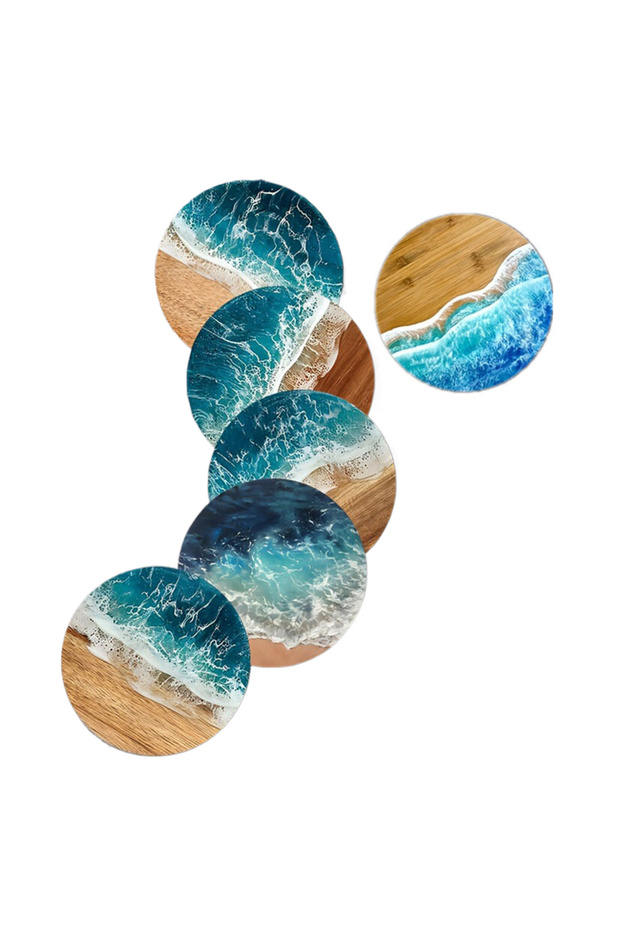 6Pcs ♥Ocean Wave & Wood Grain Coasters Set Heat-Resistant Drink Coasters for Coffee/Tea Mugs, Beach