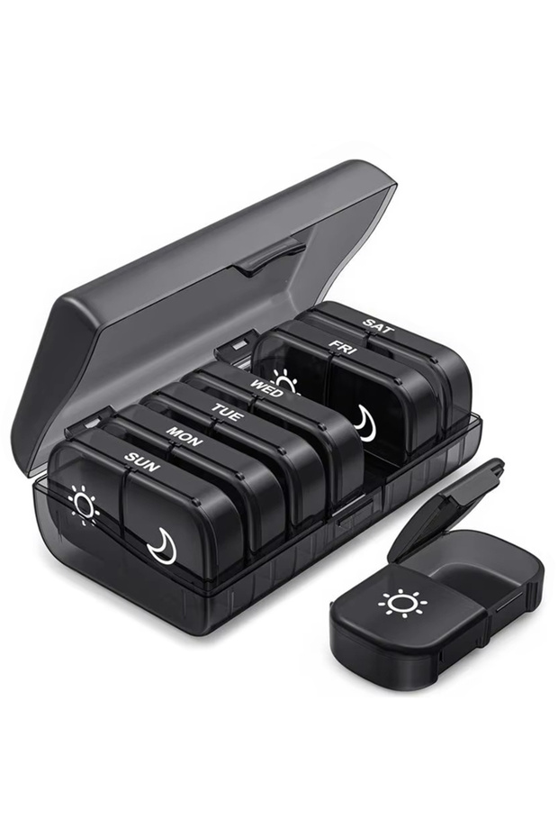 14Grids Black Weekly Pill Organizer Daily Pill Box 7 Day Large Travel Pill Case with 14 Compartment